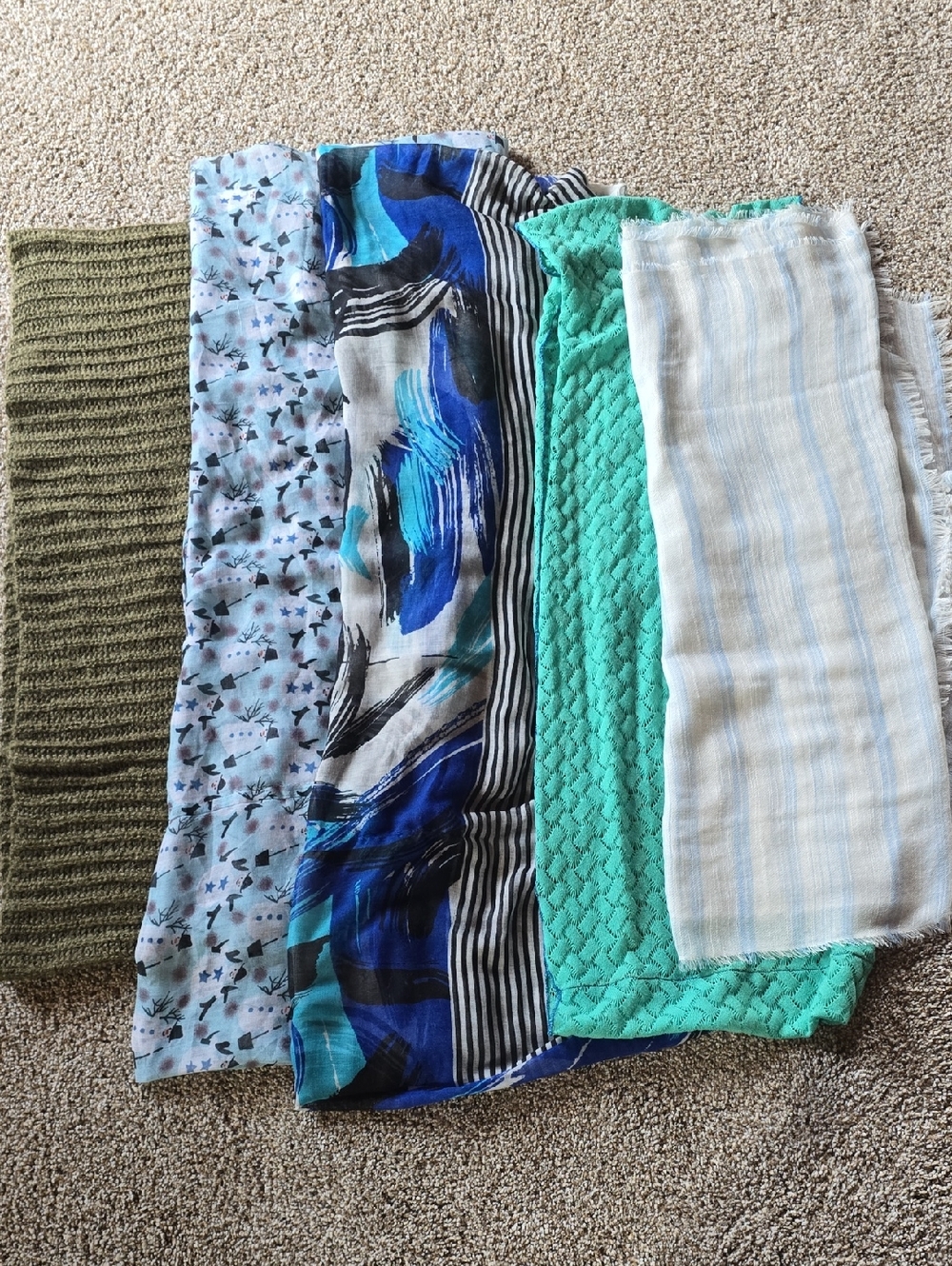 Mixed Scarves Bundle - Blue, Teal, Olive, White Patterns
